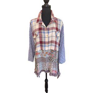 Ali Miles XL Patchwork Plaid Floral Button-Down Oversized Boyfriend Shirt Tunic